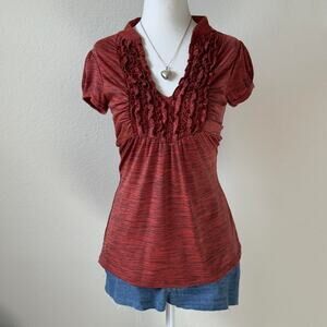 y2k babydoll ruffle preppy v neck burnt orange blouse